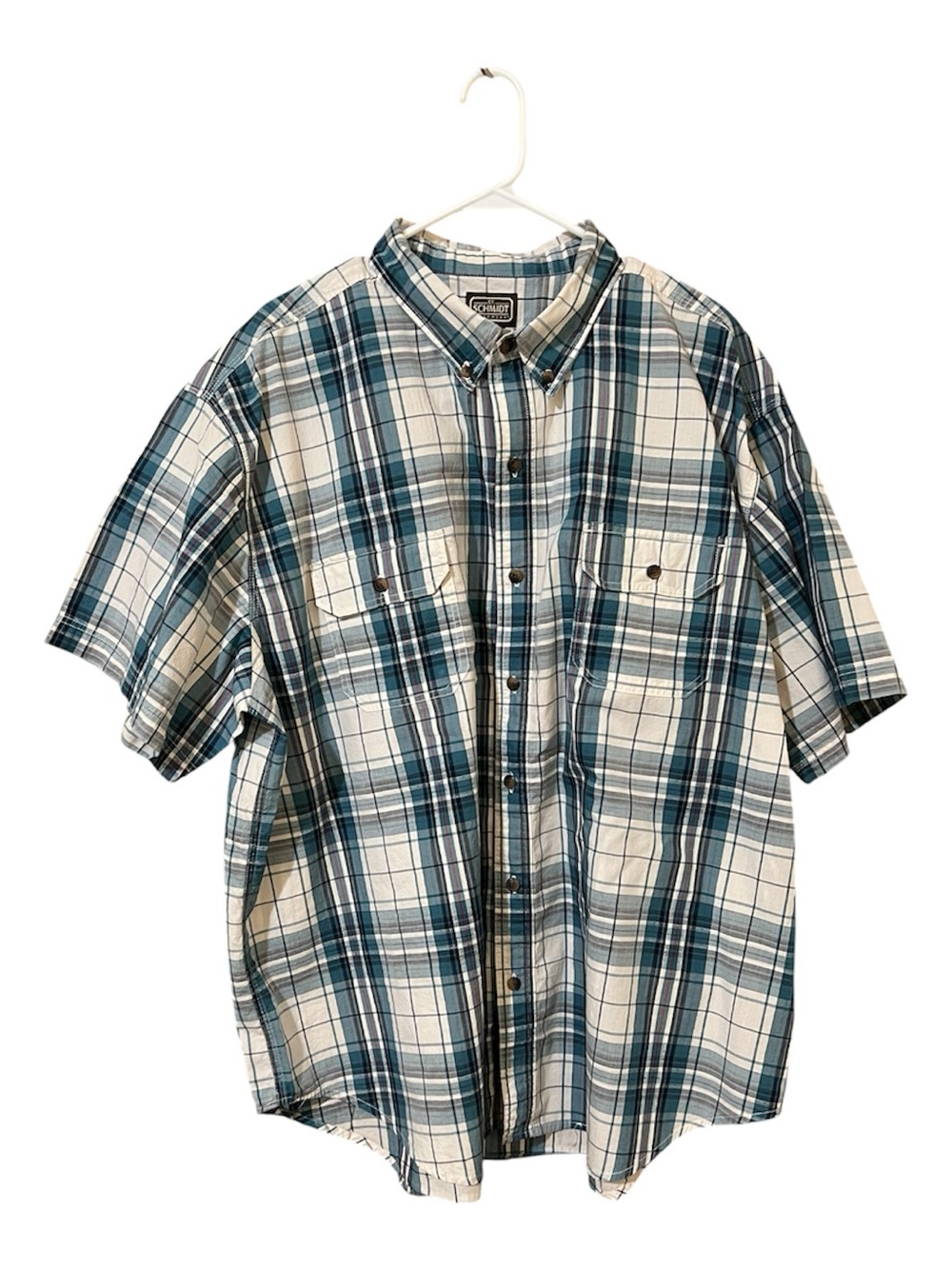 Men's Plaid Short-Sleeve Button-Down Shirt in Teal and White